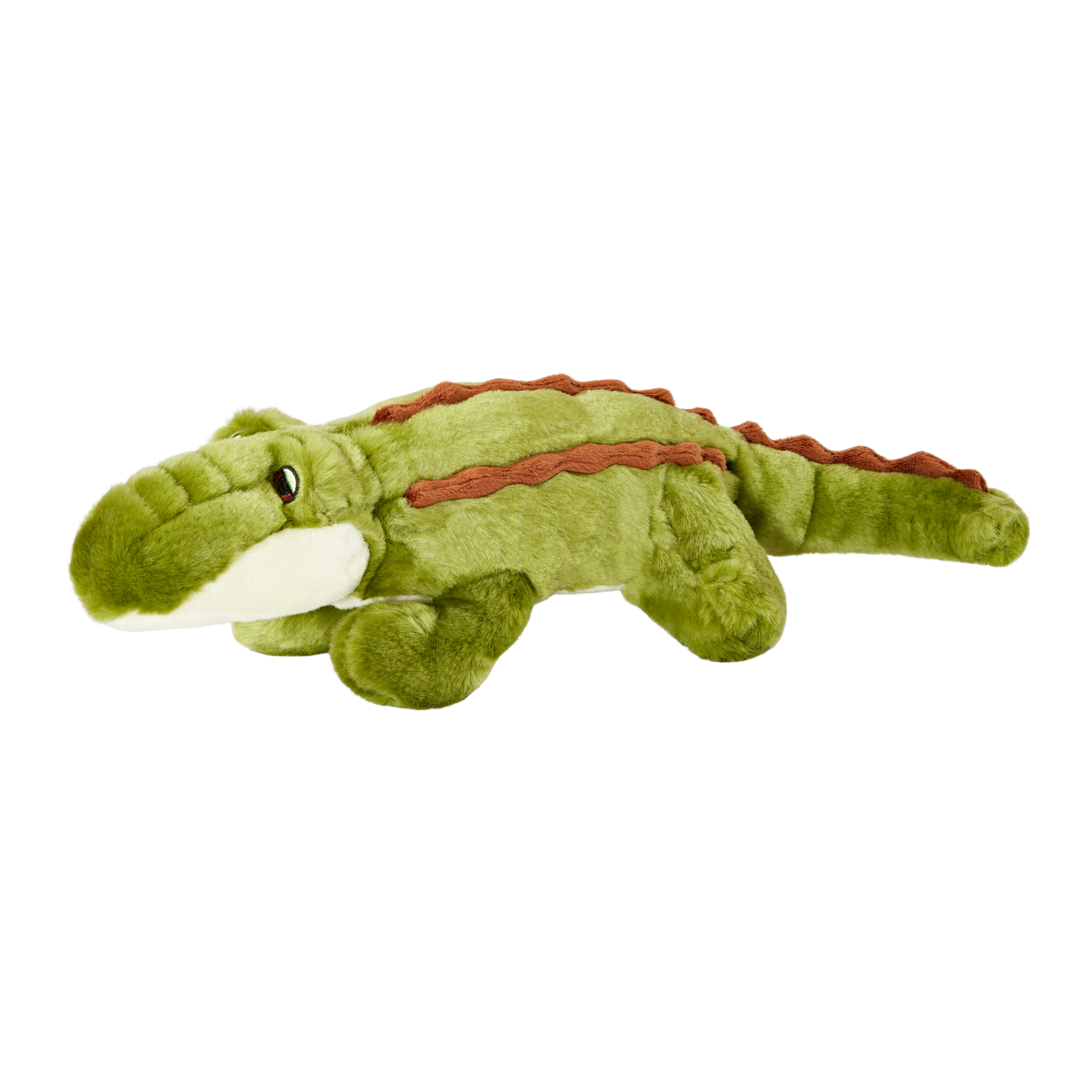 Fluff & Tuff Georgia Gator plush dog toy - green alligator with rust orange scales and cream snout, side view