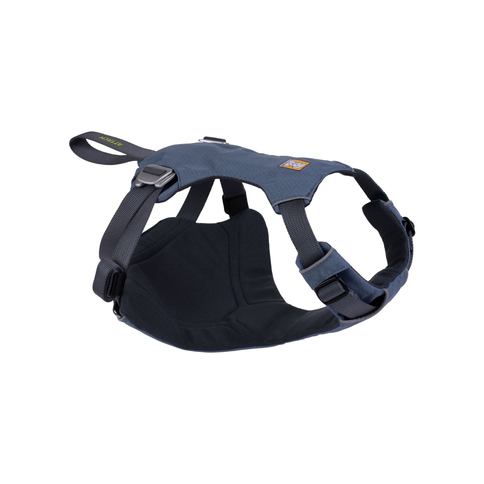 Ruffwear Load Up dog car harness in Slate Blue, three-quarter view on white background showing the padded body panel, seatbelt attachment loop labelled "ATTACH" and forged aluminium slide buckles