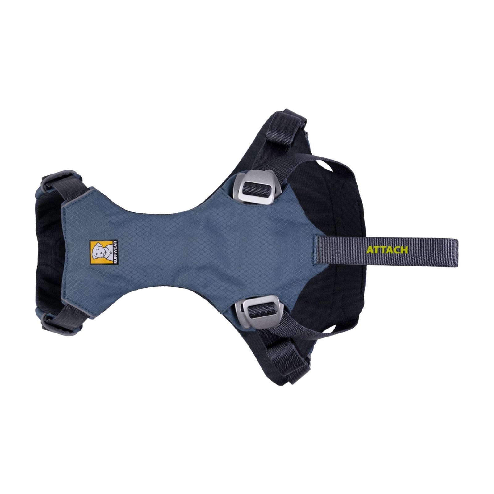 Ruffwear Load Up dog car harness in Slate Blue, flat lay showing the padded body panel, four aluminium slide buckles and the ATTACH seatbelt loop