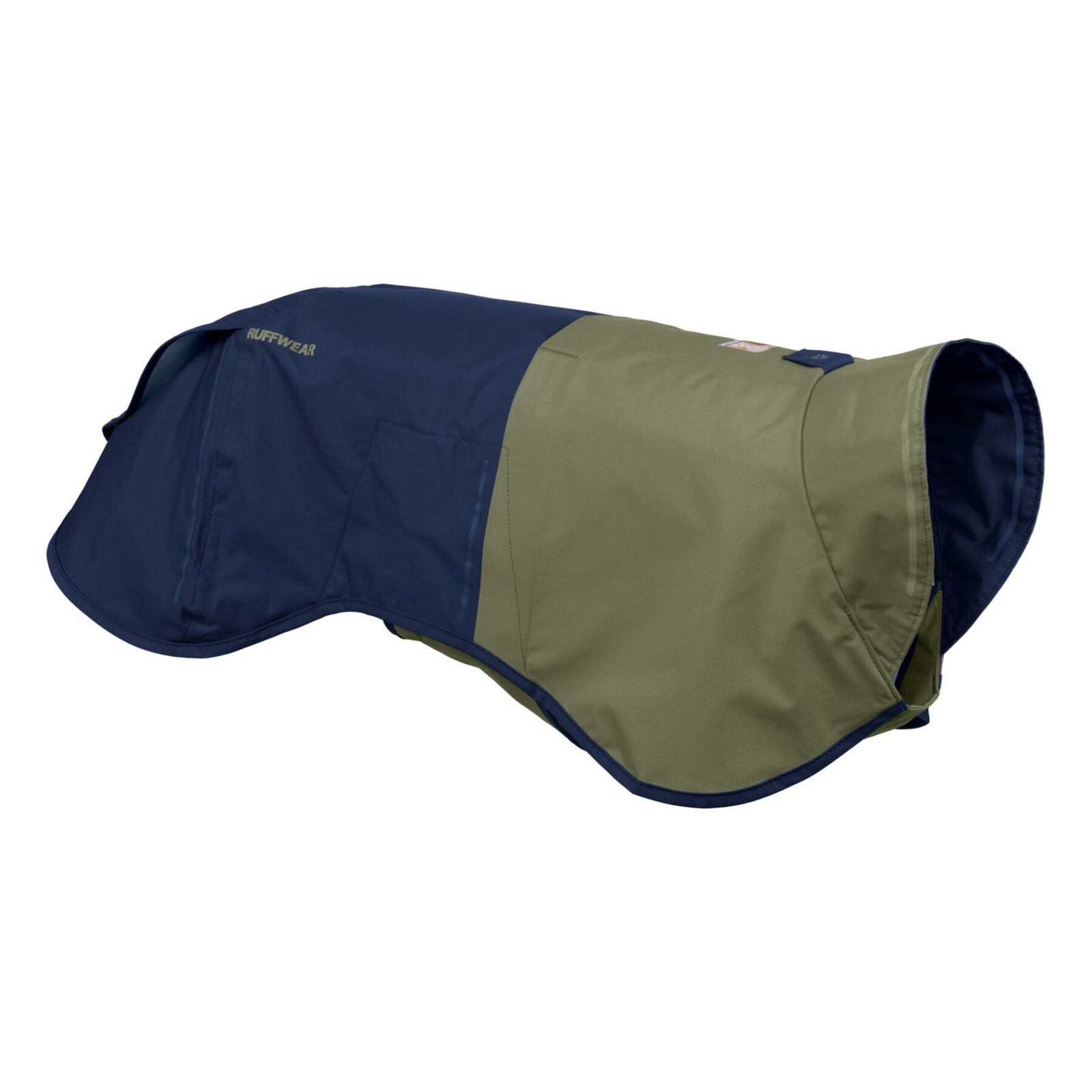 Ruffwear Sun Shower Jacket two-tone panel detail in Midnight Blue and olive