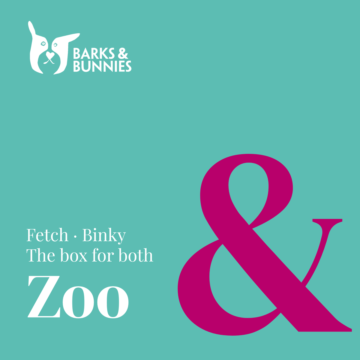 The Fetch &amp; Binky Box - Zoo. A subscription box for dogs and rabbits. Teal background with a medium pink ampersand and white text reading Fetch · Binky, The box for both, Zoo.