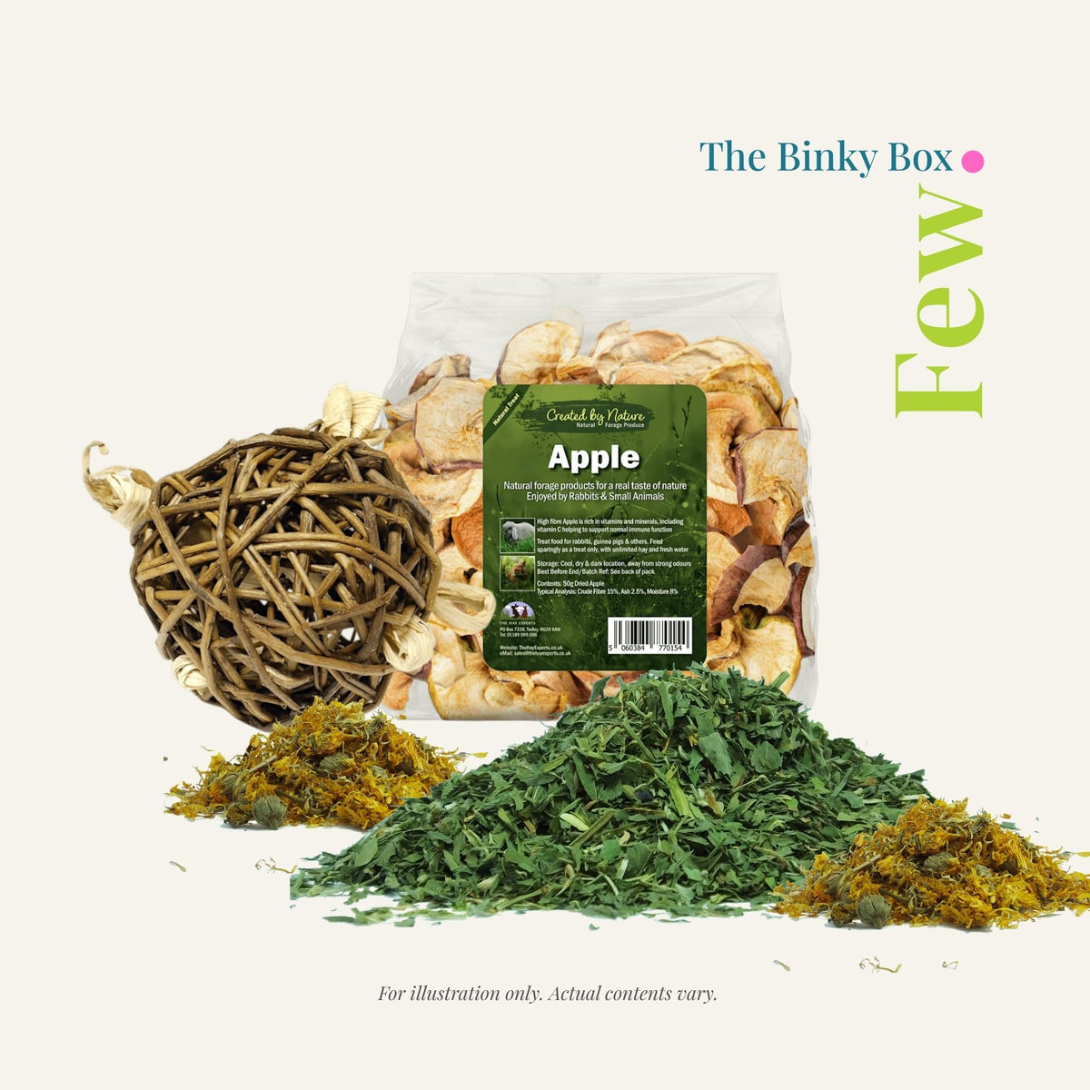 Barks &amp; Bunnies Binky Box · Few. A rabbit subscription box containing a generous handpicked selection of natural products including dried apple pieces, a wicker enrichment ball and an abundant mix of dried herbs and forage. Contents are illustrative and will vary.