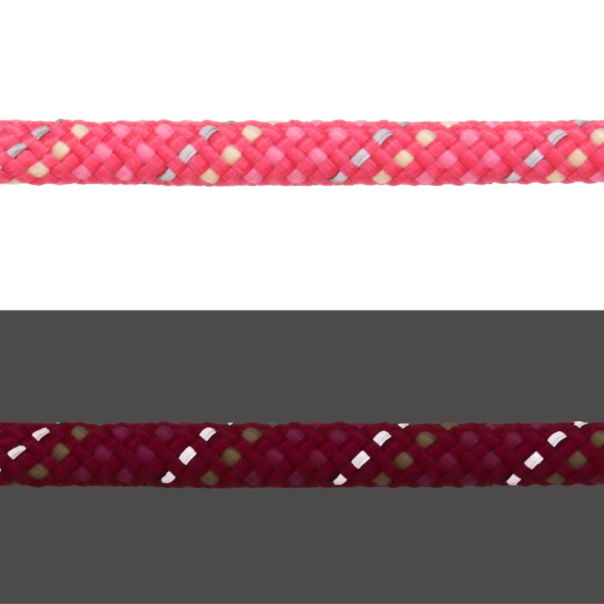 Close-up of Ruffwear Knot-a-Collar rope in Fireweed Pink showing kernmantle weave and reflective thread, light and dark comparison