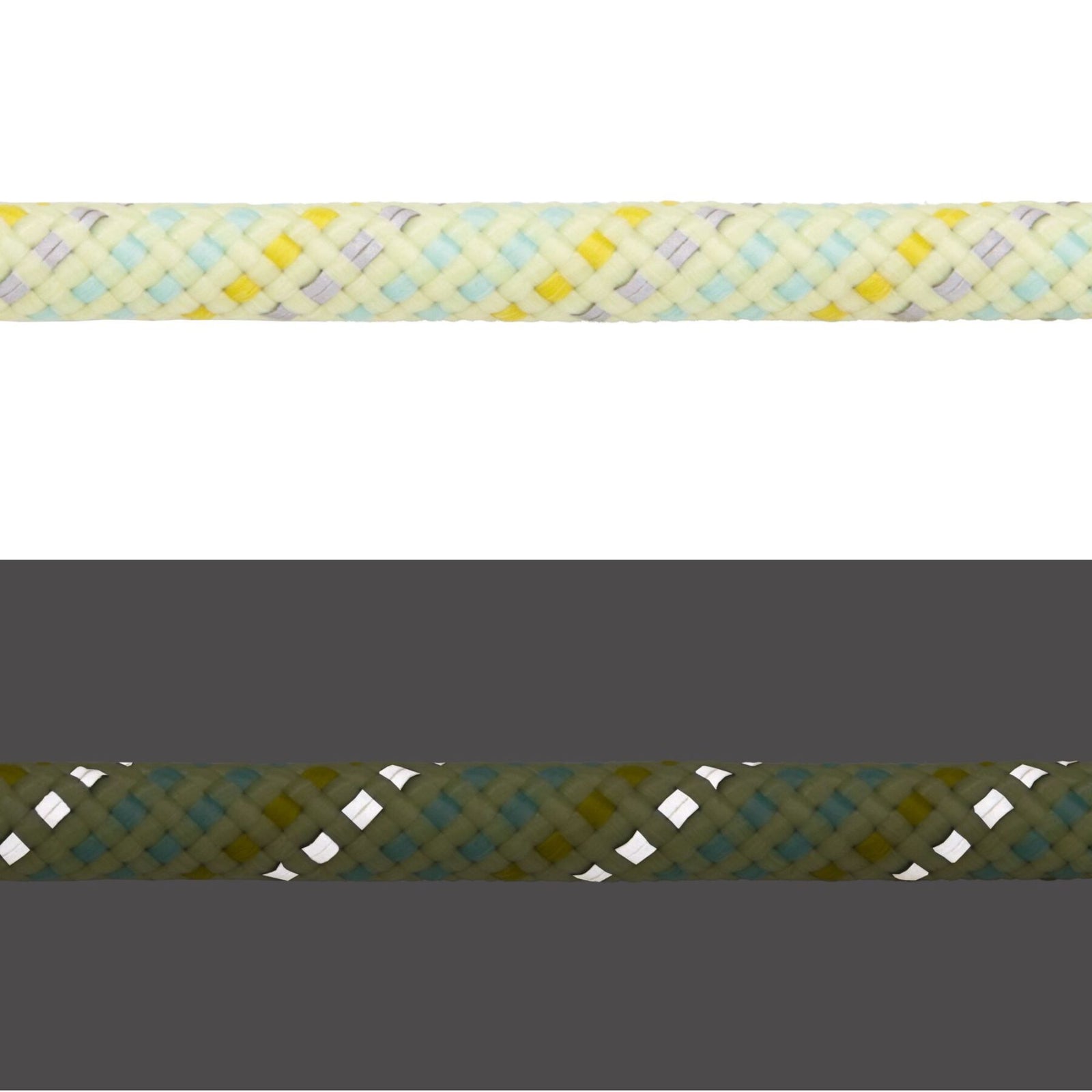 Close-up of Ruffwear Knot-a-Collar rope in Moss Green showing kernmantle weave and reflective thread, light and dark comparison