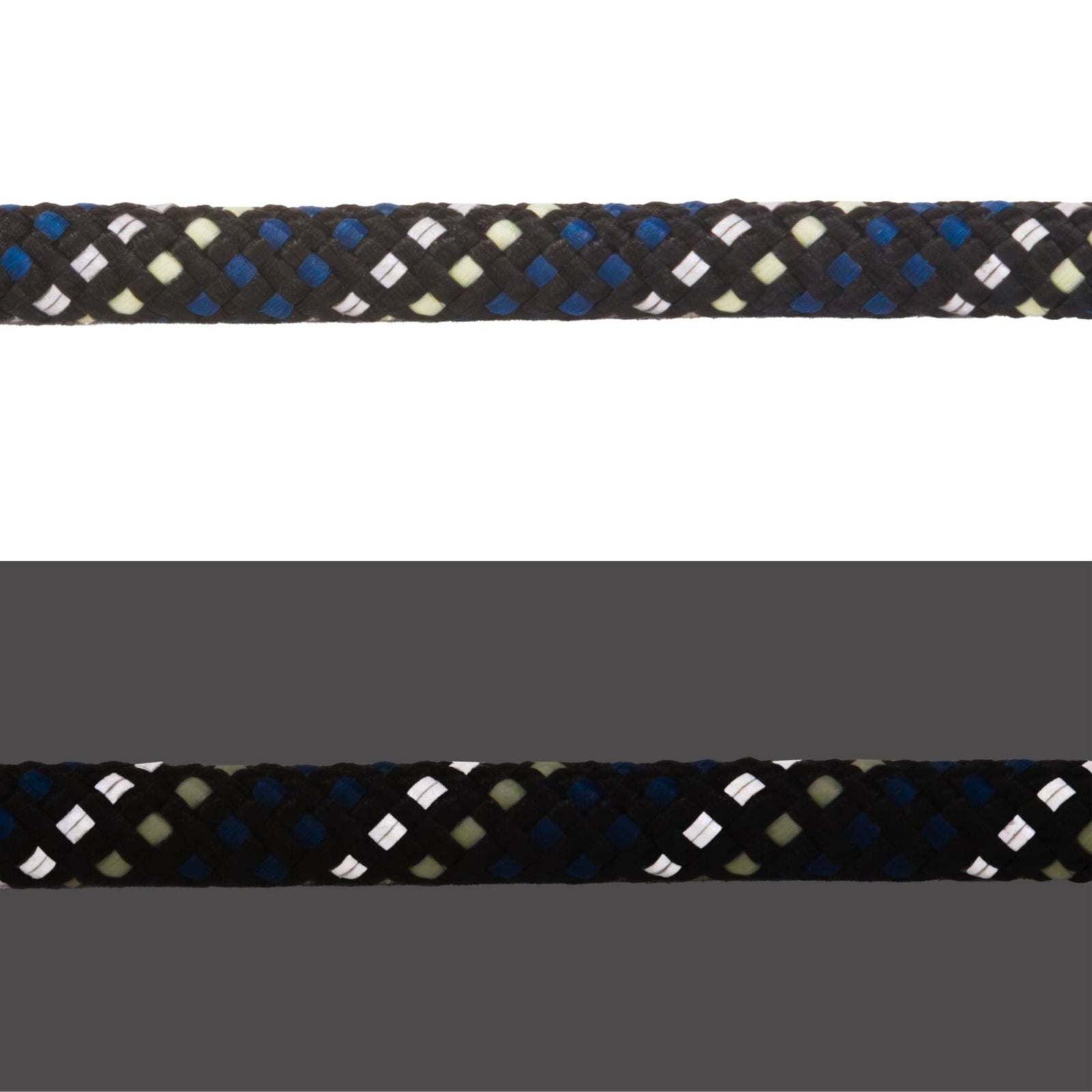 Close-up of Ruffwear Knot-a-Collar rope in Obsidian Black showing kernmantle weave and reflective thread, light and dark comparison