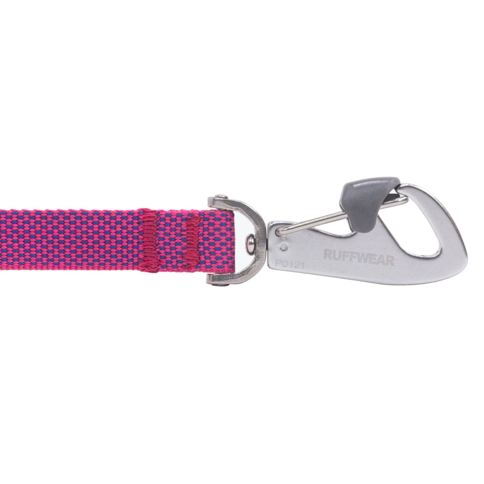 Close-up of the Ruffwear Hi & Light Dog Lead in Alpenglow Pink showing the lockable Crux Clip and pick-up bag stash pocket