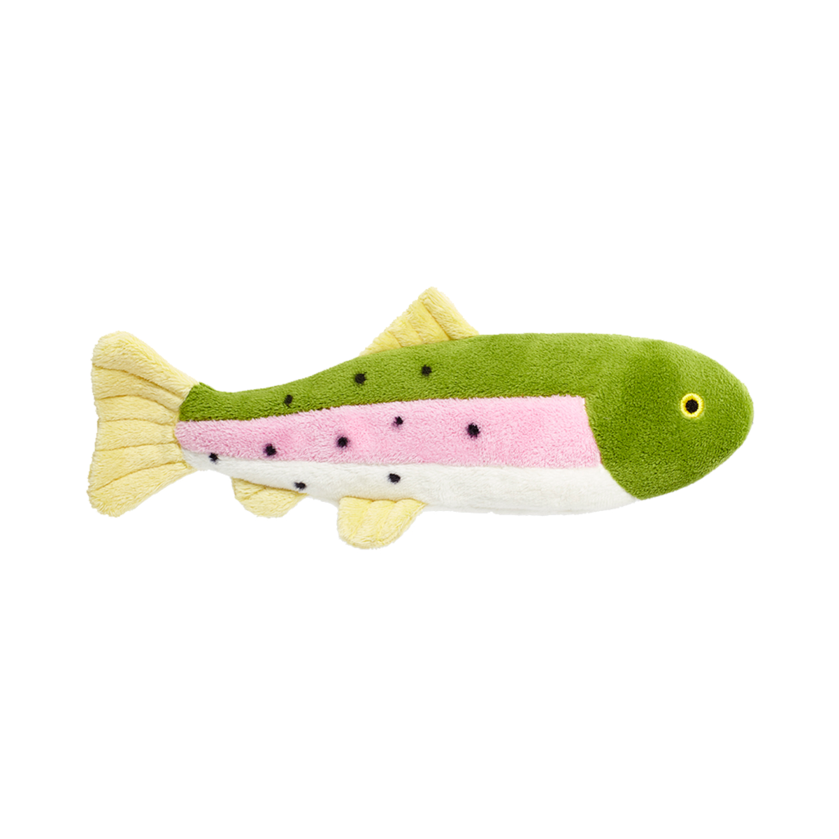 Fluff &amp; Tuff Burt The Lake Trout plush dog toy - green and pink spotted trout with cream belly and yellow fins