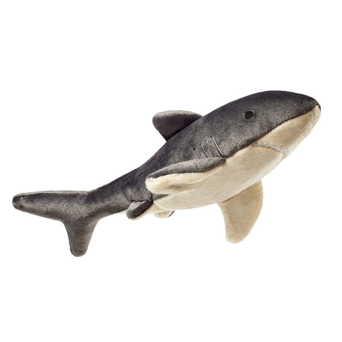 Fluff &amp; Tuff Mac The Shark plush dog toy - realistic grey and cream shark with fin, gill detail and cream underbelly