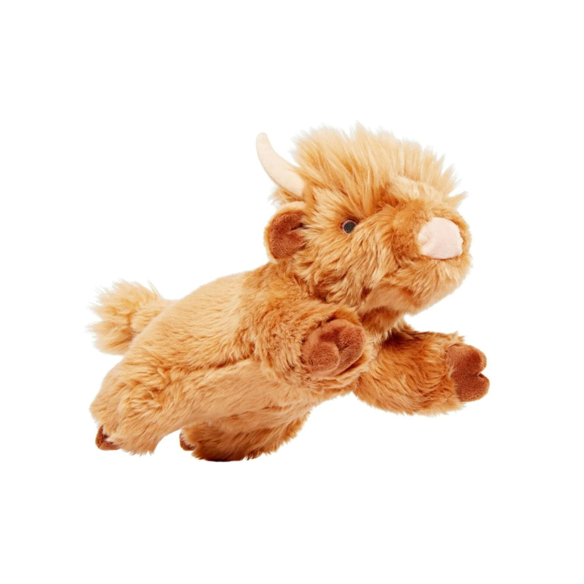 Fluff &amp; Tuff Shaggy Highland Cow plush dog toy side view on white background
