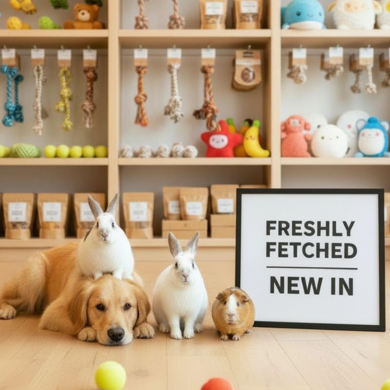 Two white rabbits and a guinea pig with a golden retriever in a bright pet shop, beside a Freshly Fetched New In sign - Barks & Bunnies