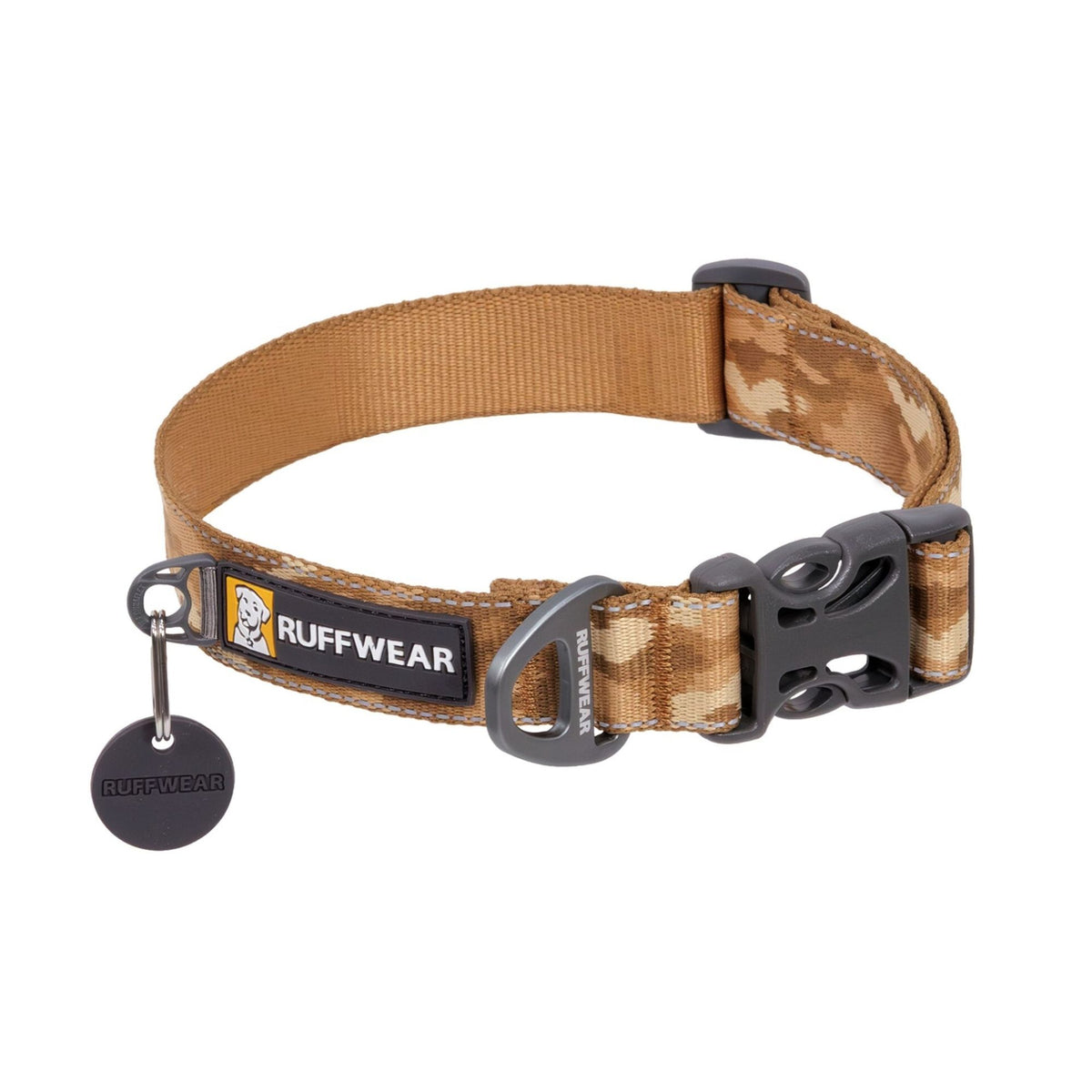Ruffwear Crag Reflective Dog Collar in Desert Spice - warm tan geometric camo pattern with side-release buckle and integrated reflectivity - Barks &amp; Bunnies, UK Ruffwear stockist