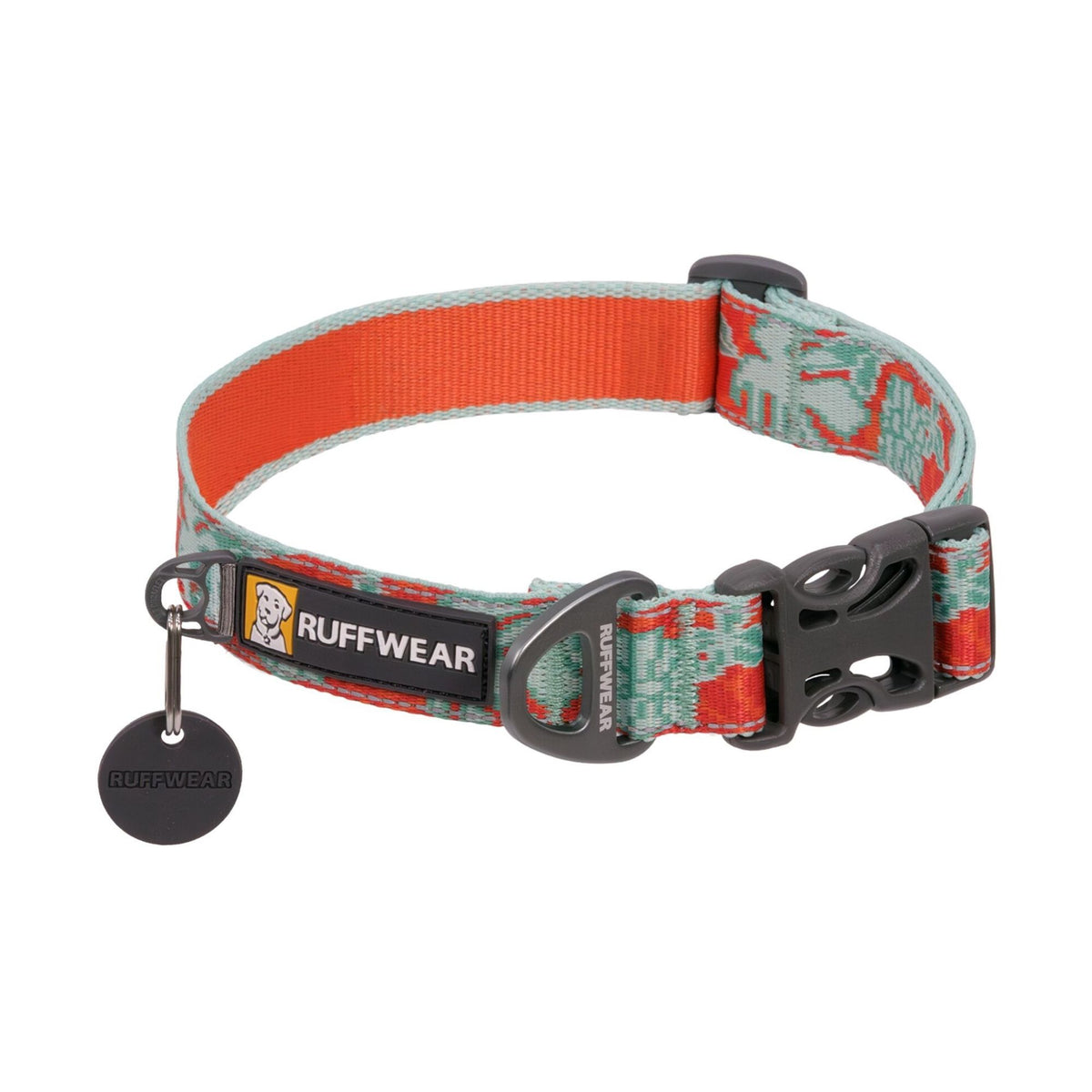 Ruffwear Crag Reflective Dog Collar in Tropical Bloom - sage green and burnt orange floral pattern with side-release buckle and integrated reflectivity - Barks &amp; Bunnies, UK Ruffwear stockist