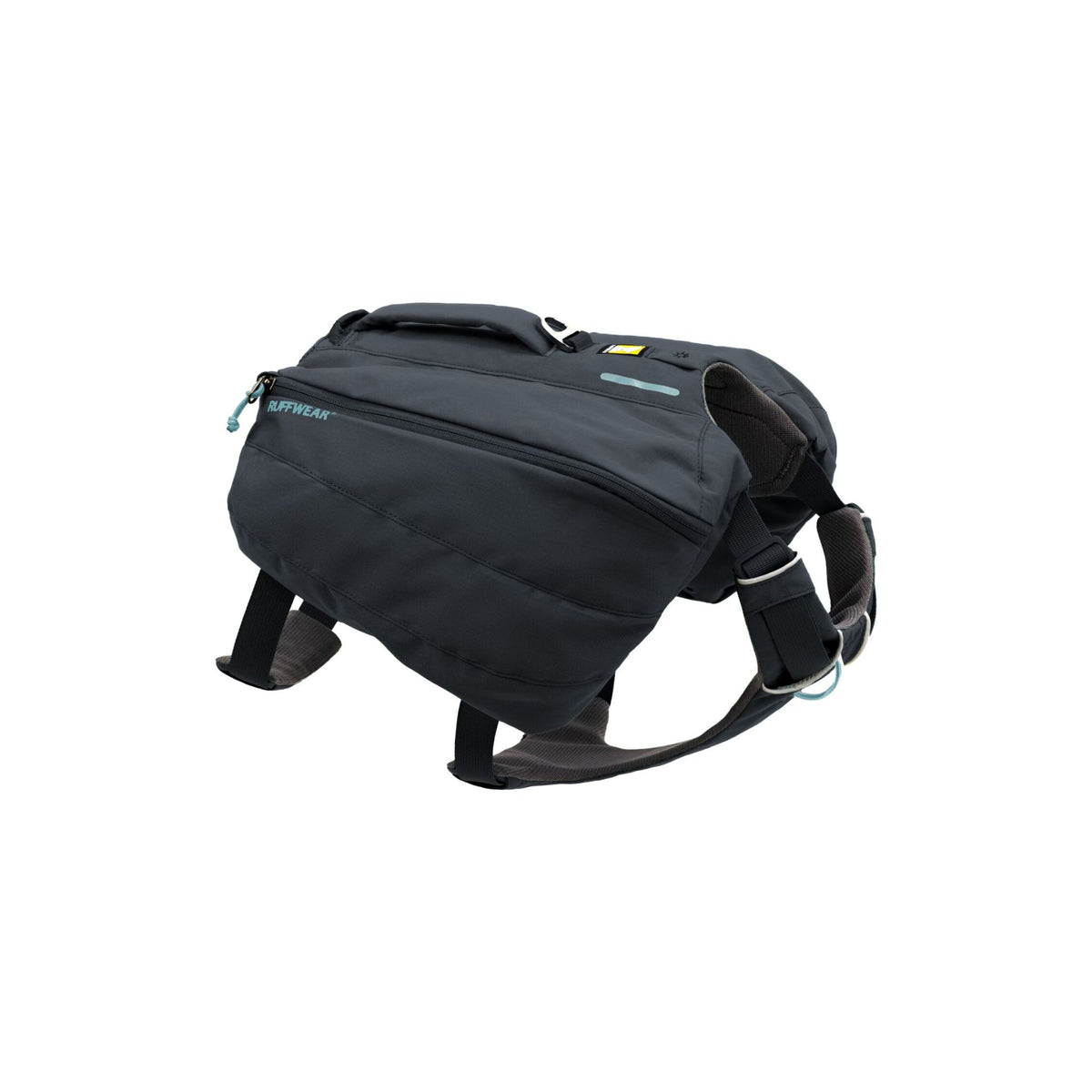 Ruffwear Front Range Day Pack in Basalt Grey, three-quarter view on white background showing the saddlebags, zip closure, padded handle, and belly strap with V-ring attachment.