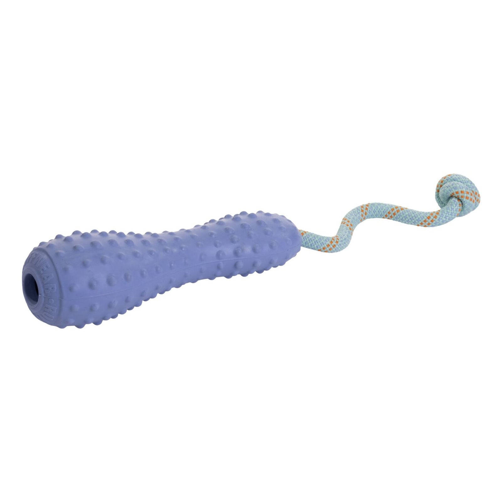 Ruffwear Gourdo dog toy in Heliotrope Purple, natural latex rubber fetch and tug toy with textured gum-massaging surface and kernmantle rope handle, shown on white background