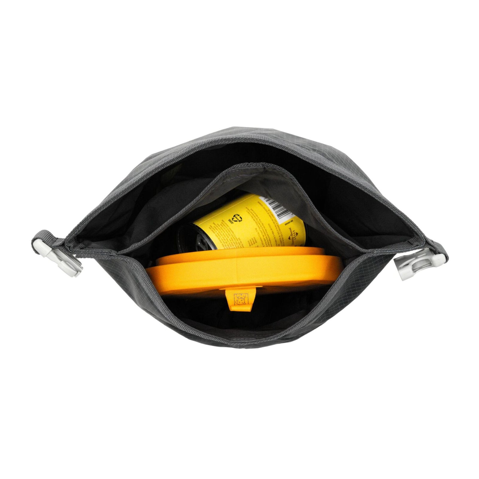 Ruffwear Kibble Kaddie dog food carrier in Basalt Gray on a white background, shown upright with roll-down closure secured at the top with a side-release buckle and Ruffwear logo visible on the front