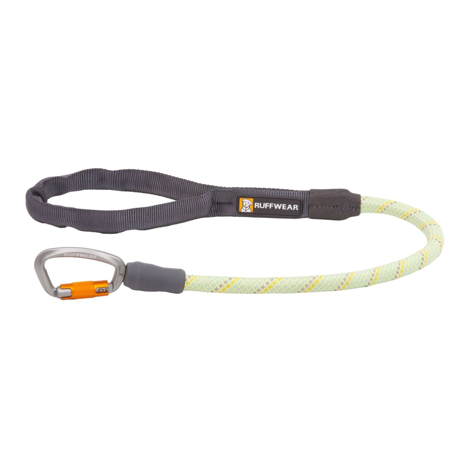 Ruffwear Knot-a-Long leash in Blue Pool showing the kernmantle rope, padded handle, and Crux Clip on a white background