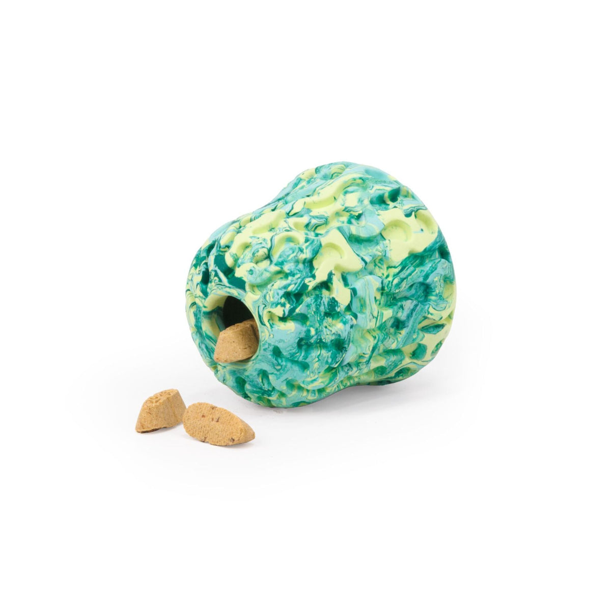 Ruffwear Morel dog enrichment toy in Moss Green tipped on its side with large dog biscuits spilling from the internal chamber, white background