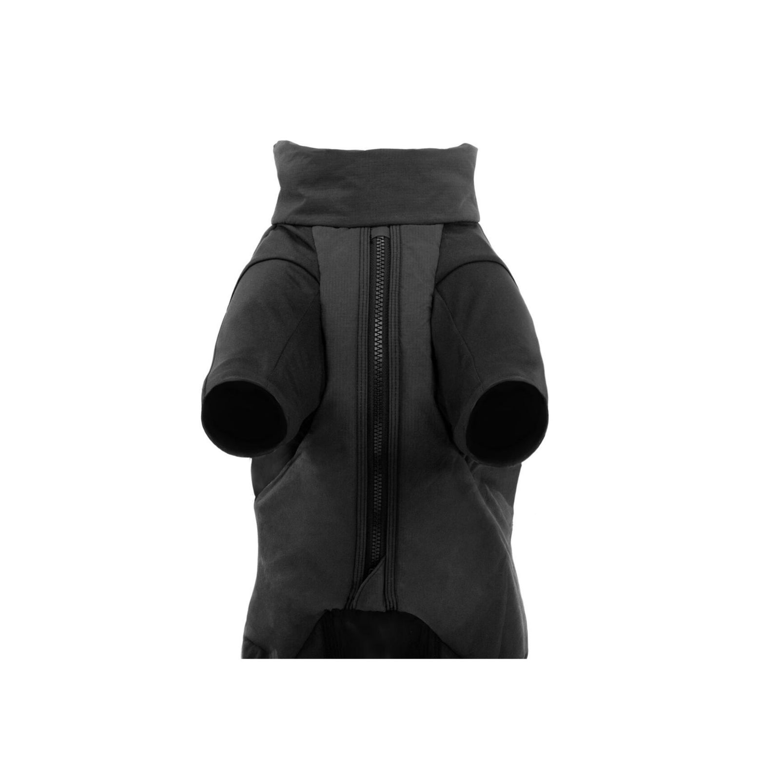 Ruffwear Powder Hound Waterproof Insulated Coverall in Obsidian Black - underside view showing the full-length chest zip running the length of the belly, and both front leg openings.