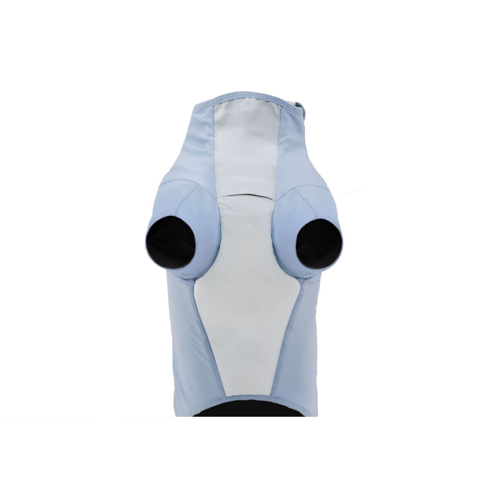 Ruffwear Powder Hound Waterproof Insulated Jacket in Polar Blue - underside view showing the insulated belly panel, chest leash portal, and both front leg openings.