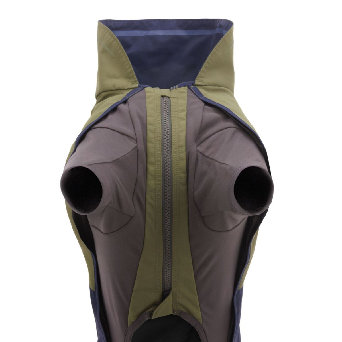 Ruffwear Sun Shower Coverall front view showing chest, belly zip and StormSleeves