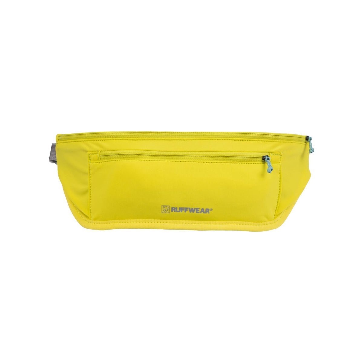 Ruffwear Trail Runner Belt in Lichen Green, front view against a white background showing the two zippered pockets, teal zip pulls, Ruffwear logo, and grey adjustable waist strap